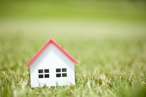 Miniature house model placed on grass.