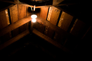 A solitary light bulb illuminates wooden rafters in a dim attic.