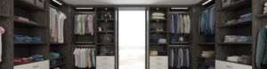 Walk-in closet with neatly organized clothes and accessories.