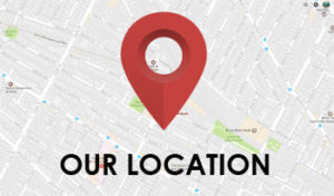 A map with a red location pin marked "our location.