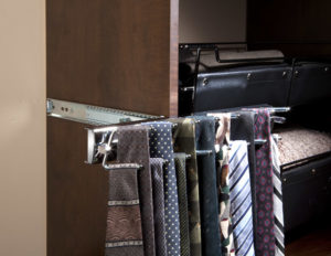 Pull-out rack with a variety of ties in a wooden closet.
