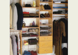 Organized closet with clothes, shoes, and storage compartments.