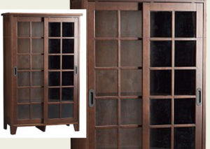 Wooden storage cabinets with glass-paneled doors.