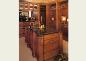 Elegant wooden walk-in closet with built-in cabinetry and glass-front wardrobe doors.