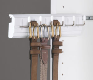 Belts hung neatly on a wall-mounted rack with hooks.
