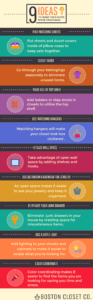 An infographic providing nine tips for organizing closet space and improving efficiency.