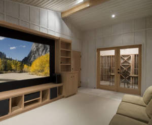 A modern custom man cave home theater room featuring a large screen, built-in cabinetry, and double doors leading to an adjoining room.