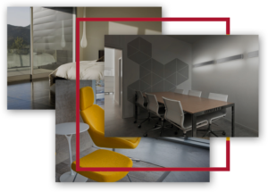 Collage of modern interior spaces, including a bedroom with a custom closet and a conference room.