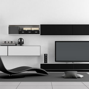 Modern minimalist living room with monochromatic furniture, a custom closet, and a wall-mounted television.