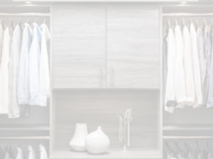 A modern, organized wardrobe with neatly arranged shirts and decorative items on shelves.
