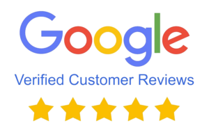 Logo of google with text "verified customer reviews" and five yellow stars below it.