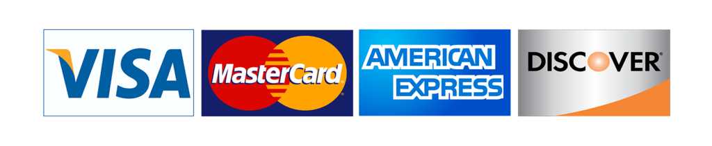 Logos of four major credit card companies: visa, mastercard, american express, and discover.