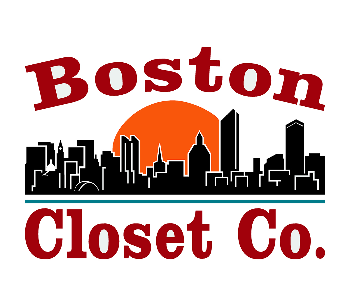 Logo of Boston Closet Co. featuring a stylized city skyline with an orange circle backdrop representing the sun.