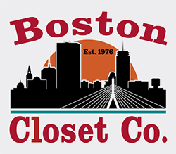 Logo of boston closet co. featuring a city skyline with the company name and establishment year.