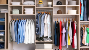 Organized closet with neatly arranged clothes and accessories on shelves and hangers, enhanced by closet organizers.