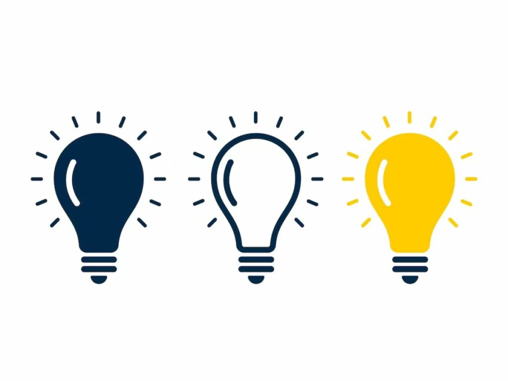 Three lightbulb icons in a row with varying brightness: a dark blue bulb, a white bulb, and a bright yellow bulb.