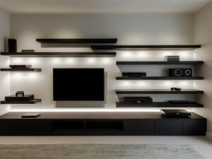 Modern living room with wall-mounted shelves and a flat-screen tv, featuring sleek black cabinetry and integrated lighting.
