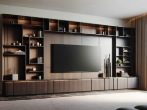 A modern living room with a large television integrated into a dark wooden shelving unit, surrounded by various decorative objects.