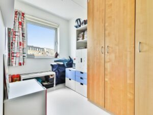Brightly lit modern mudroom with storage organizers and a window overlooking buildings.