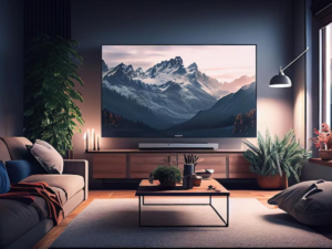 A cozy living room in the evening with a large tv displaying a mountain landscape, surrounded by modern furniture and warm lighting.
