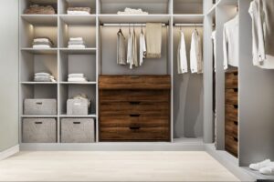 A custom closet rendering showing what drives a custom closet cost from shelving, material and size