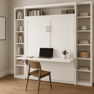 A modern home office with a wooden chair, a built-in white desk, a closed laptop, a potted plant, shelves with books, and neutral decor.
