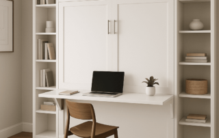 A modern home office with a wooden chair, a built-in white desk, a closed laptop, a potted plant, shelves with books, and neutral decor.