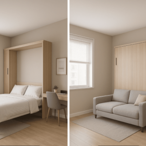 Split image showing a modern room with a pull-down Murphy bed on the left and the same space converted to a sofa with the bed hidden on the right.